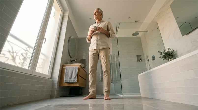 Sol antidérapant posé dans une salle de bain senior ou PMR